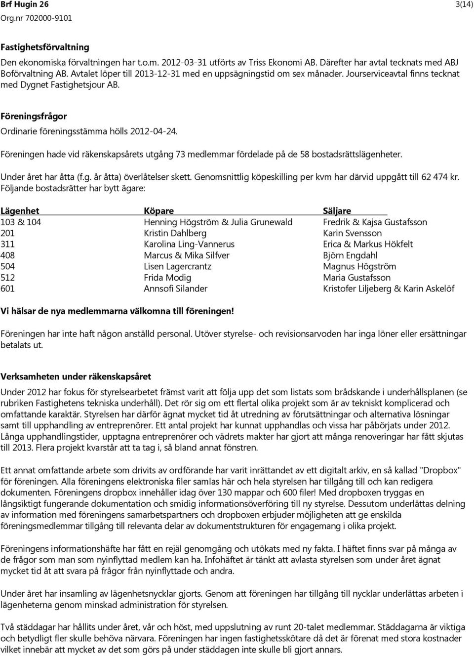 Föreningen hade vid räkenskapsårets utgång 73 medlemmar fördelade på de 58 bostadsrättslägenheter. Under året har åtta (f.g. år åtta) överlåtelser skett.