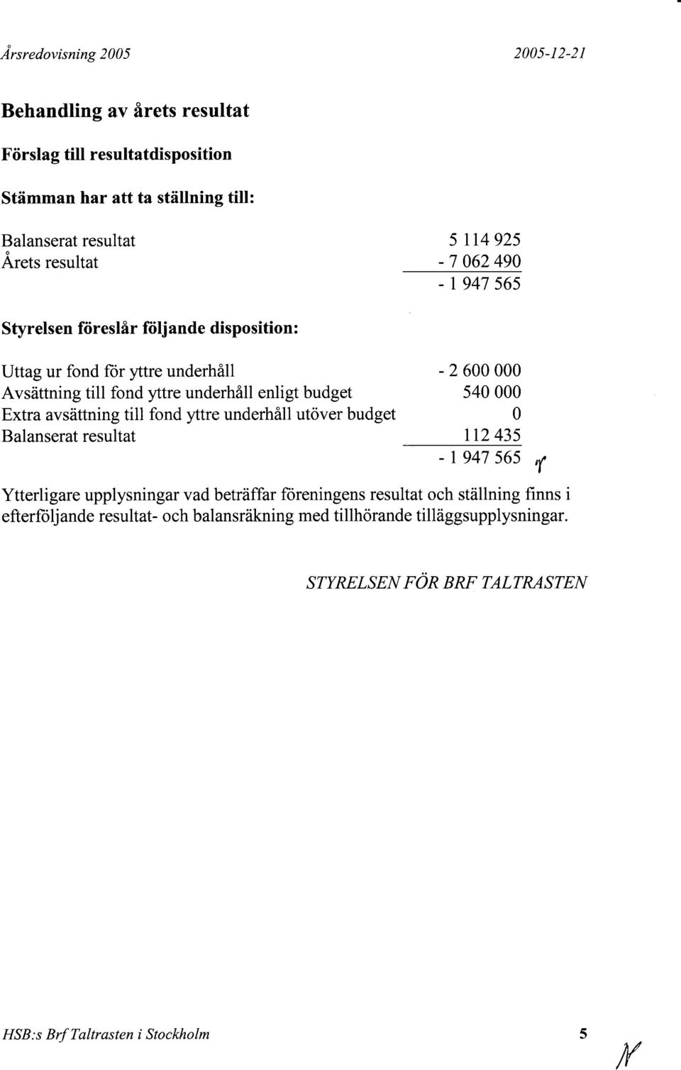 avsdttning till fond yttre underh61l utover budget Balanserat resultat - 2 600 000 s40 000 0 ti2 435 -re47s6s ( Ytterligare upplysningar vad betriiffar foreningens