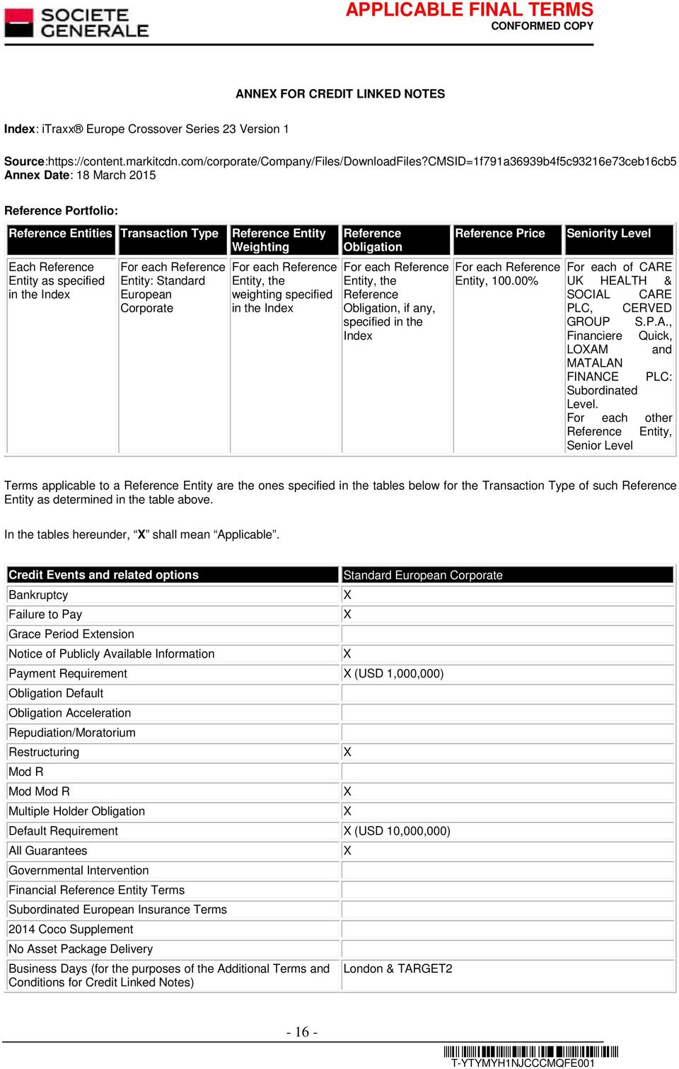 Standard European Corporate Reference Entity Weighting For each Reference Entity, the weighting specified in the Index Reference Obligation For each Reference Entity, the Reference Obligation, if