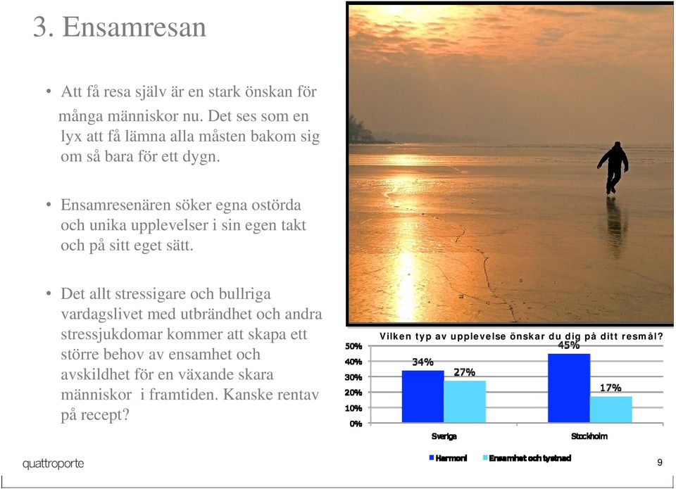 Ensamresenären söker egna ostörda och unika upplevelser i sin egen takt och på sitt eget sätt.