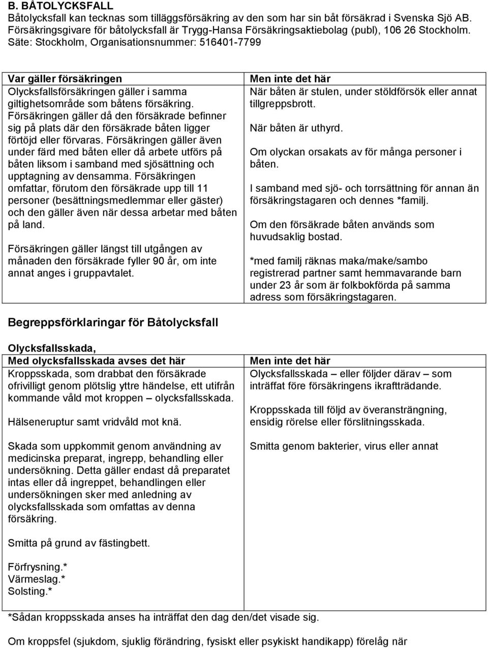 Säte: Stockholm, Organisationsnummer: 516401-7799 Var gäller försäkringen Olycksfallsförsäkringen gäller i samma giltighetsområde som båtens försäkring.