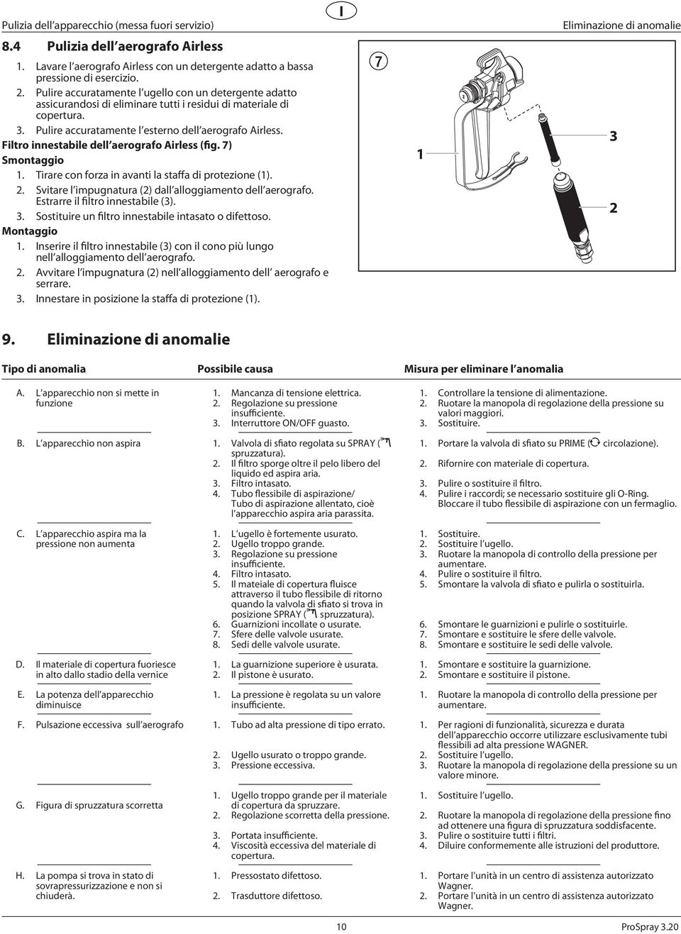 Fltro nnestable dell aerografo Arless (fg. 7) Smontaggo. Trare con forza n avant la staffa d protezone ().. Svtare l mpugnatura () dall alloggamento dell aerografo. Estrarre l fltro nnestable ().