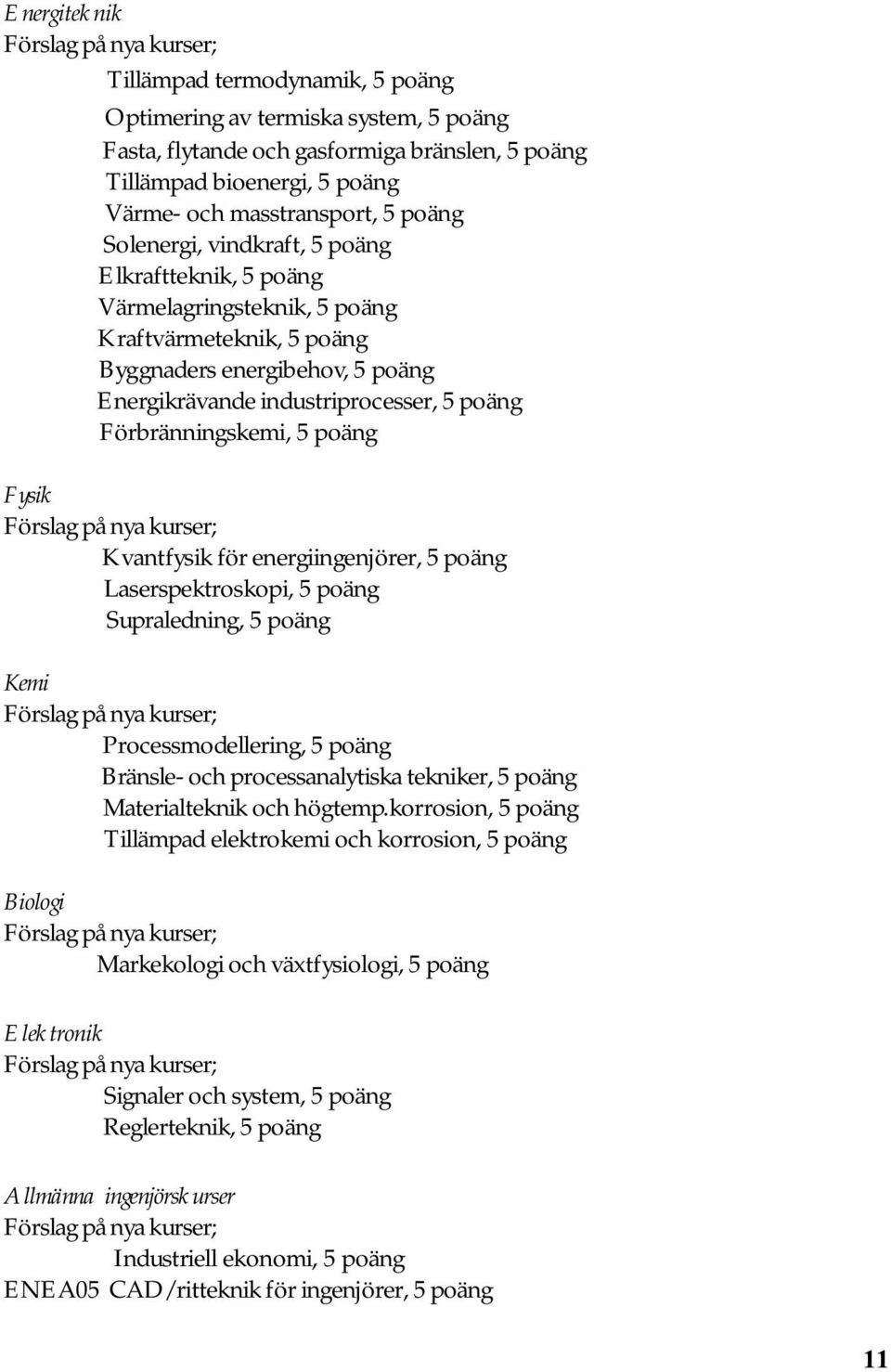 poäng Förbränningskemi, 5 poäng Fysik Förslag på nya kurser; Kvantfysik för energiingenjörer, 5 poäng Laserspektroskopi, 5 poäng Supraledning, 5 poäng Kemi Förslag på nya kurser; Processmodellering,