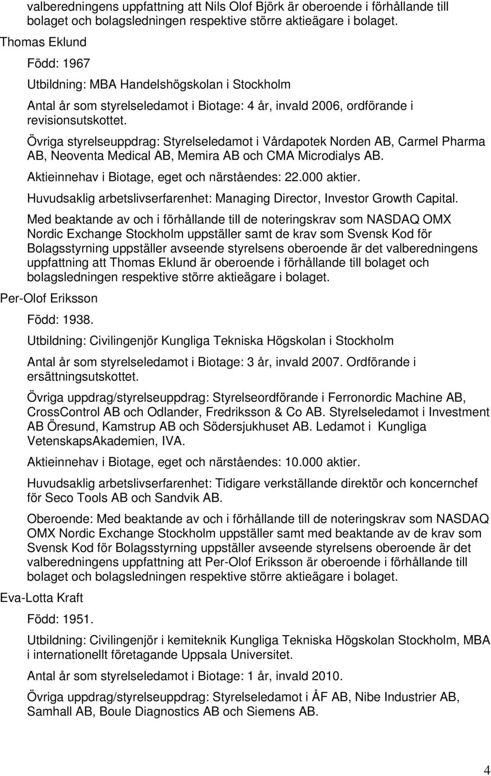 Aktieinnehav i Biotage, eget och närståendes: 22.000 aktier. Huvudsaklig arbetslivserfarenhet: Managing Director, Investor Growth Capital.