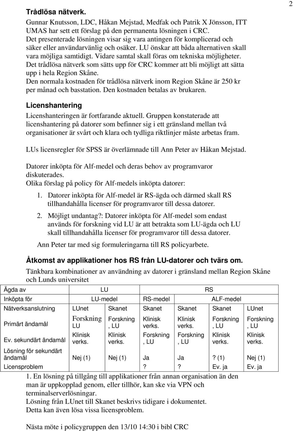 Vidare samtal skall föras om tekniska möjligheter. Det trådlösa nätverk som sätts upp för CRC kommer att bli möjligt att sätta upp i hela Region Skåne.