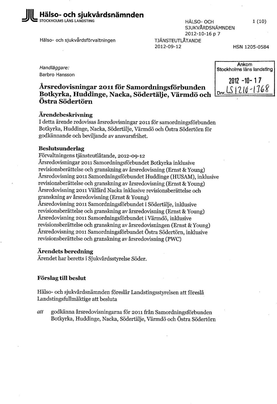 2012-10- 1 7 Ärendebeskrivniiig I detta ärende redovisas årsredovisningar 2011 för samordningsförbunden Botkyrka, Huddinge, Nacka, Södertälje, Värmdö och Östra Södertörn för godkännande och