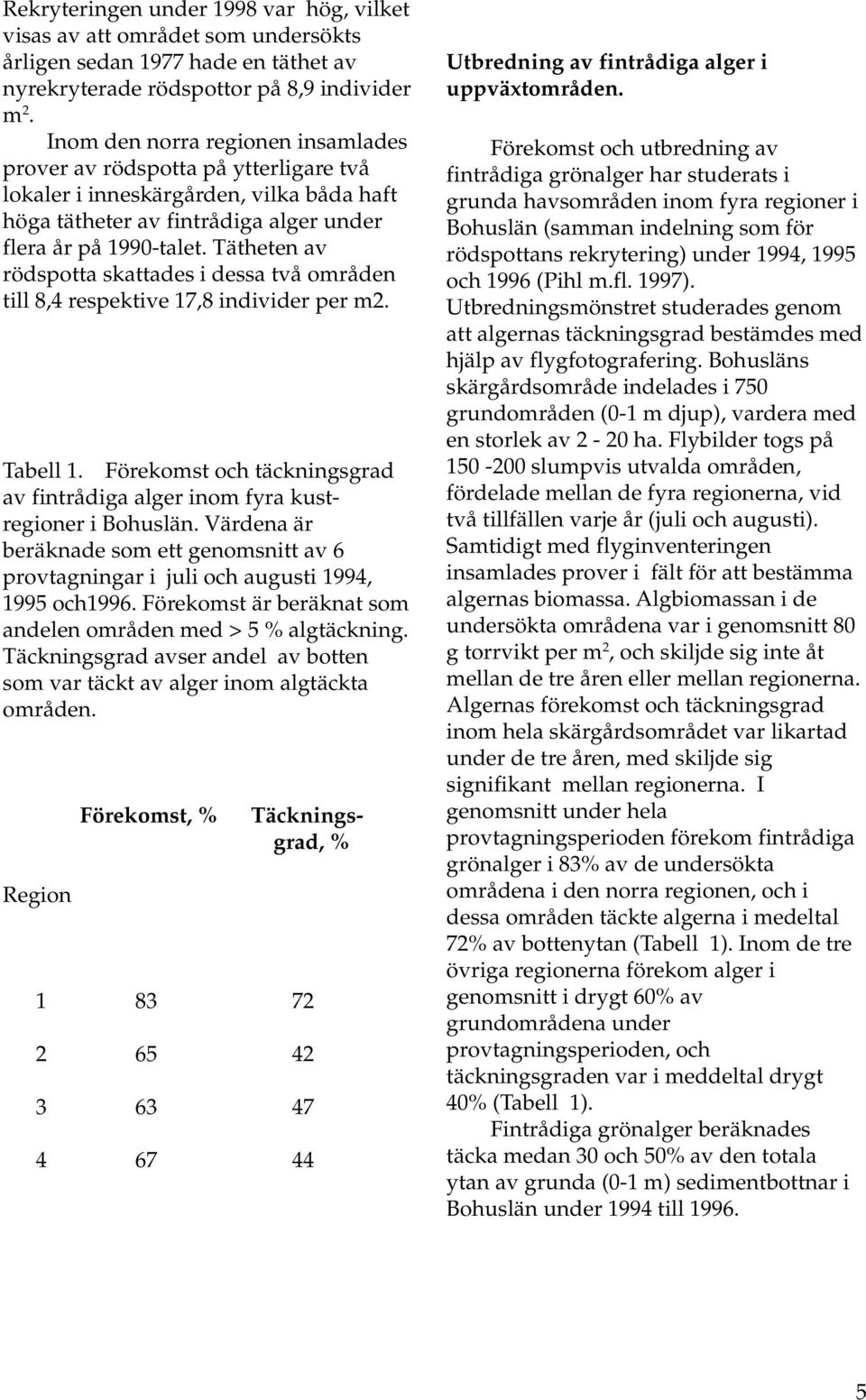 Tätheten av rödspotta skattades i dessa två områden till 8,4 respektive 17,8 individer per m2. Tabell 1. Förekomst och täckningsgrad av fintrådiga alger inom fyra kustregioner i Bohuslän.