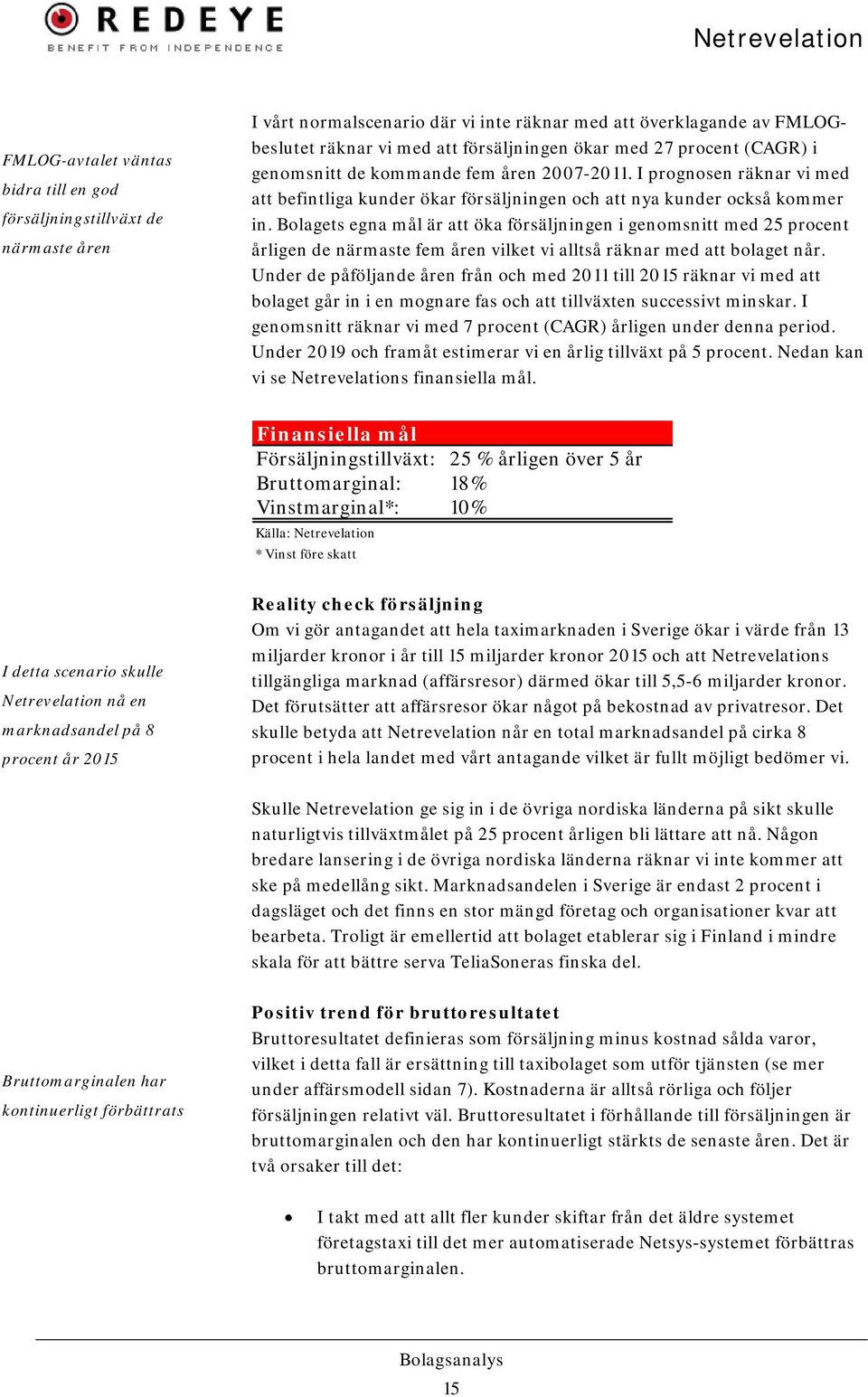 Bolagets egna mål är att öka försäljningen i genomsnitt med 25 procent årligen de närmaste fem åren vilket vi alltså räknar med att bolaget når.