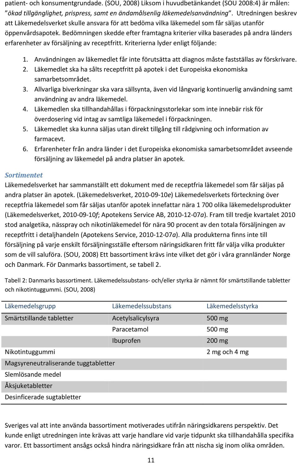 Bedömningen skedde efter framtagna kriterier vilka baserades på andra länders erfarenheter av försäljning av receptfritt. Kriterierna lyder enligt följande: 1.