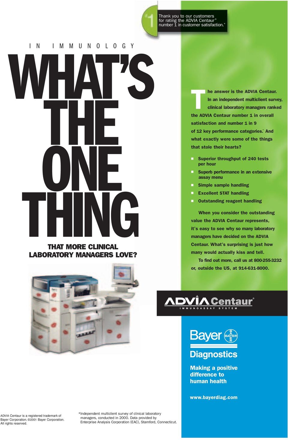 In an independent multiclient survey, clinical laboratory managers ranked the ADVIA Centaur number 1 in overall satisfaction and number 1 in 9 of 12 key performance categories.