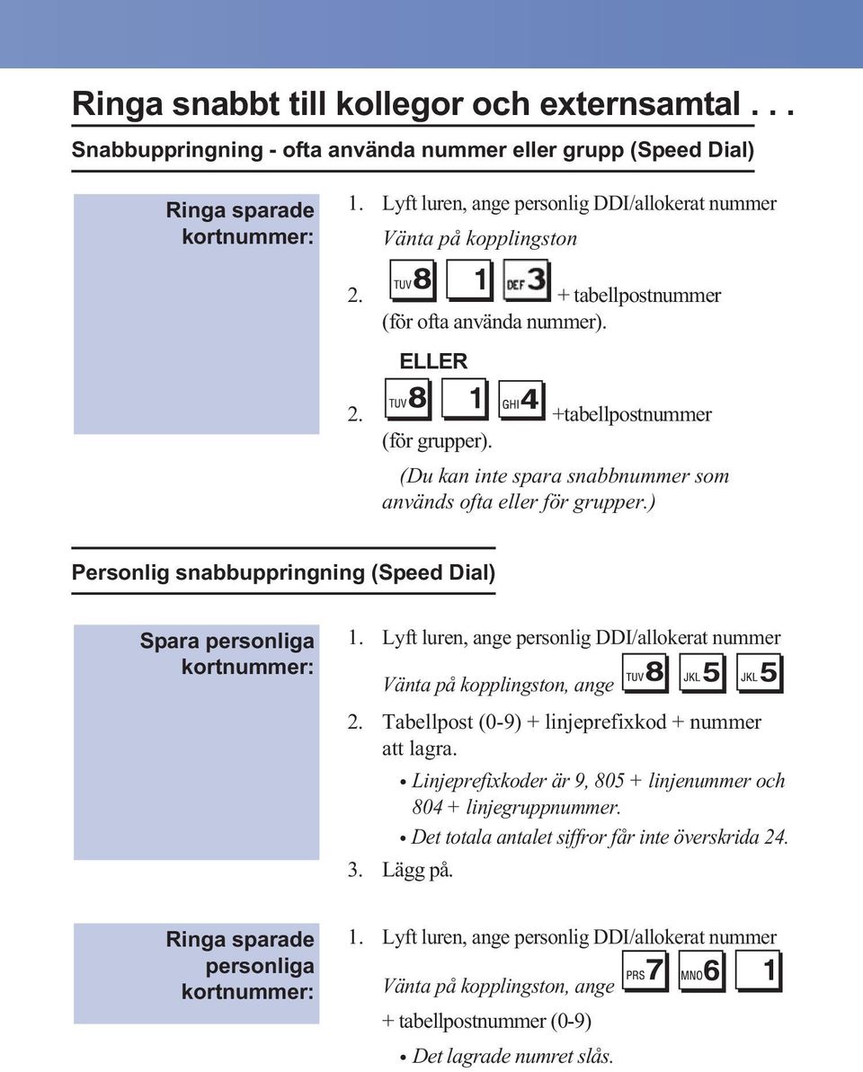 (Du kan inte spara snabbnummer som används ofta eller för grupper.) Personlig snabbuppringning (Speed Dial) Spara personliga kortnummer: 1.