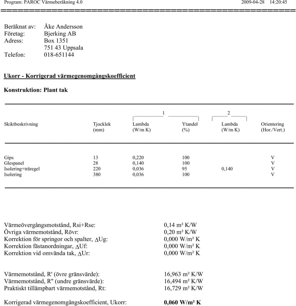 värmegenomgångskoefficient Konstruktion: Plant tak 1 2 Skiktbeskrivning Tjocklek Lambda Ytandel Lambda Orientering (mm) (W/m K) (%) (W/m K) (Hor./Vert.