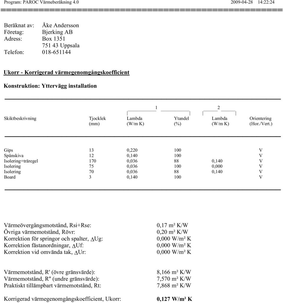 värmegenomgångskoefficient Konstruktion: Yttervägg installation 1 2 Skiktbeskrivning Tjocklek Lambda Ytandel Lambda Orientering (mm) (W/m K) (%) (W/m K) (Hor./Vert.