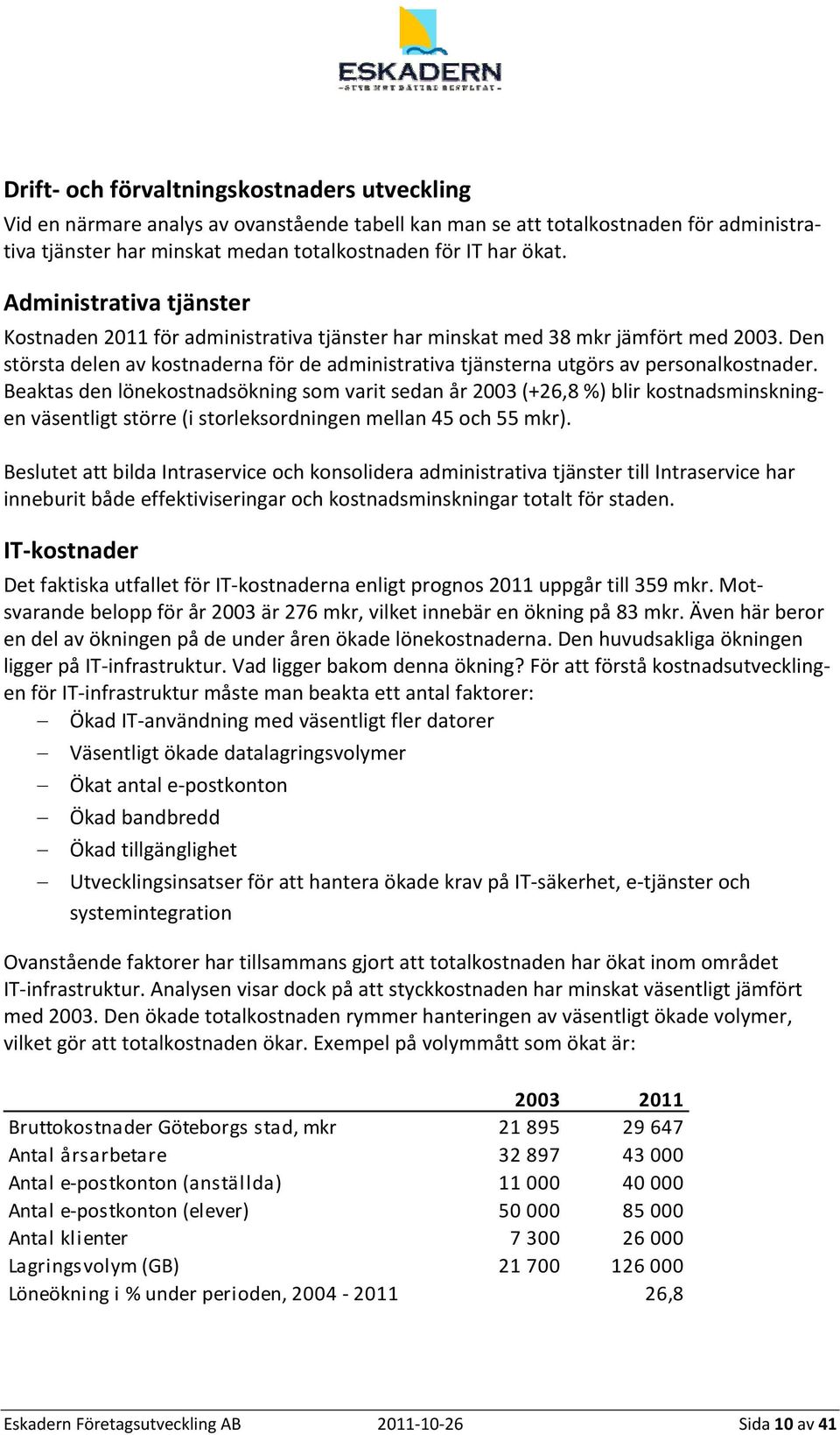 Den största delen av kostnaderna för de administrativa tjänsterna utgörs av personalkostnader.