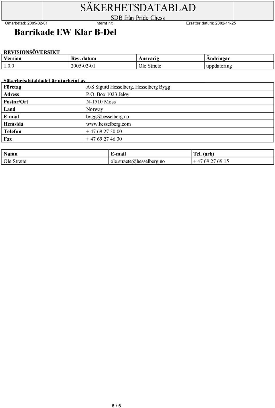 Hesselberg Bygg Adress P.O. Box 1023 Jeløy Postnr/Ort N-1510 Moss Land Norway E-mail bygg@hesselberg.