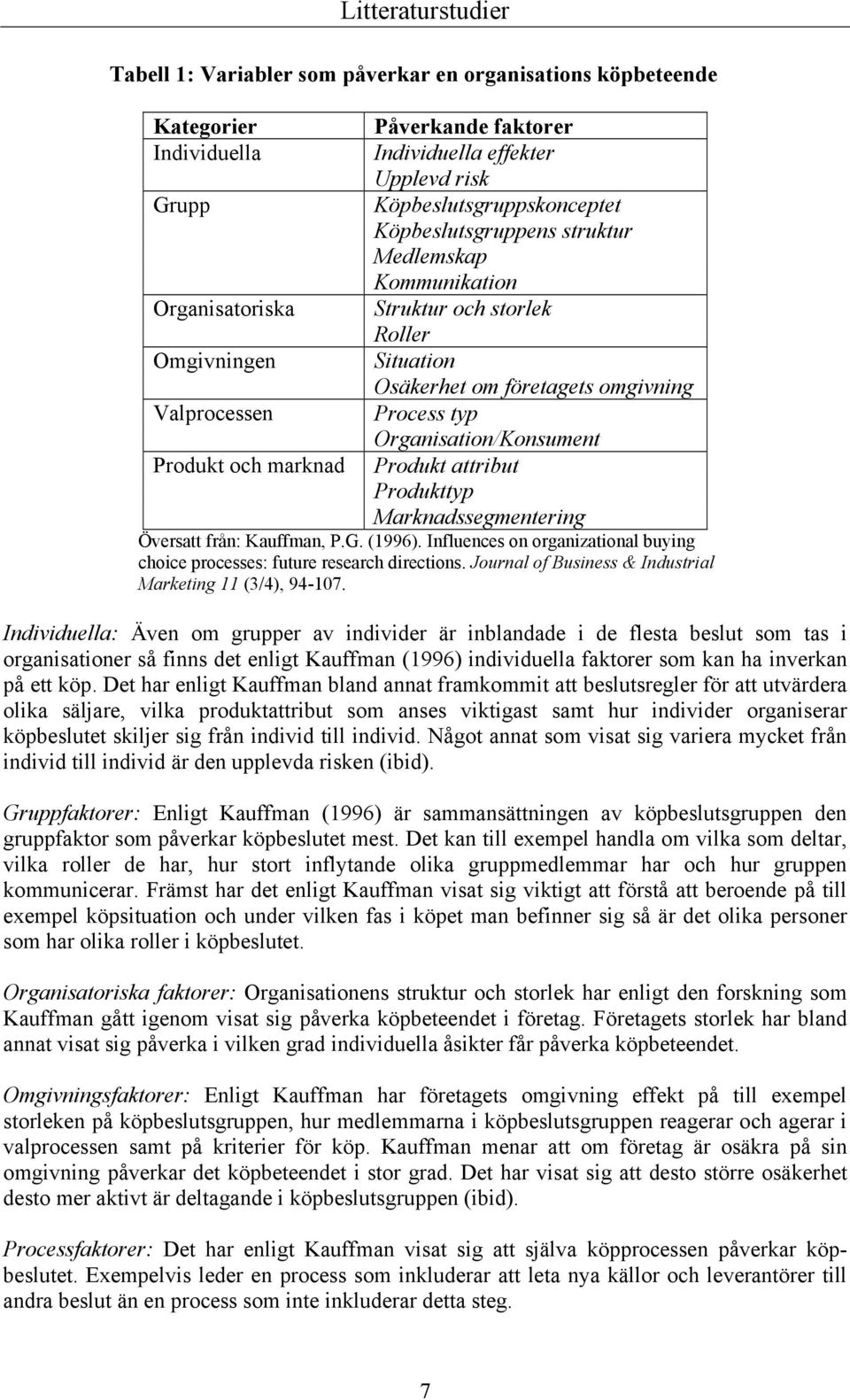 Organisation/Konsument Produkt och marknad Produkt attribut Produkttyp Marknadssegmentering Översatt från: Kauffman, P.G. (1996).