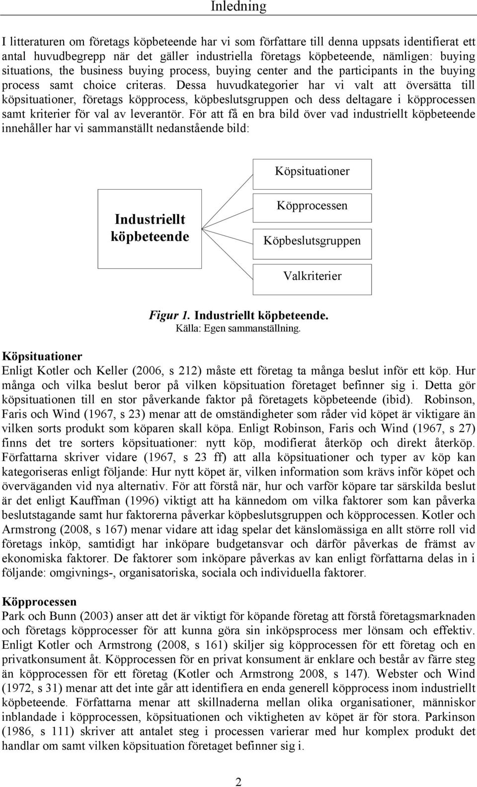 Dessa huvudkategorier har vi valt att översätta till köpsituationer, företags köpprocess, köpbeslutsgruppen och dess deltagare i köpprocessen samt kriterier för val av leverantör.