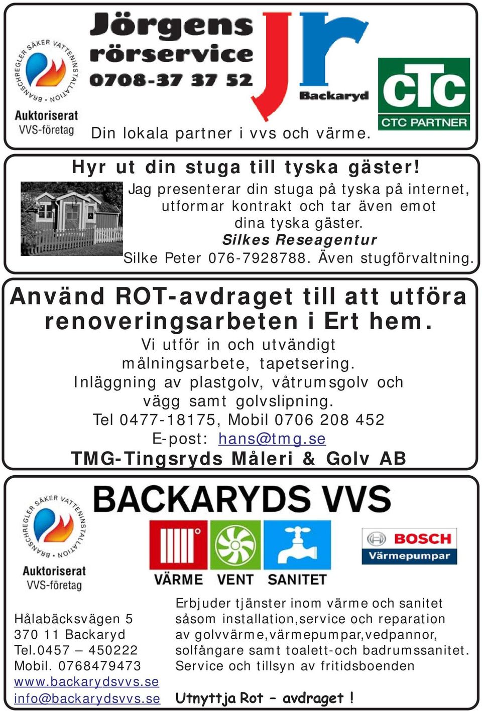 Inläggning av plastgolv, våtrumsgolv och vägg samt golvslipning. Tel 0477-18175, Mobil 0706 208 452 E-post: hans@tmg.