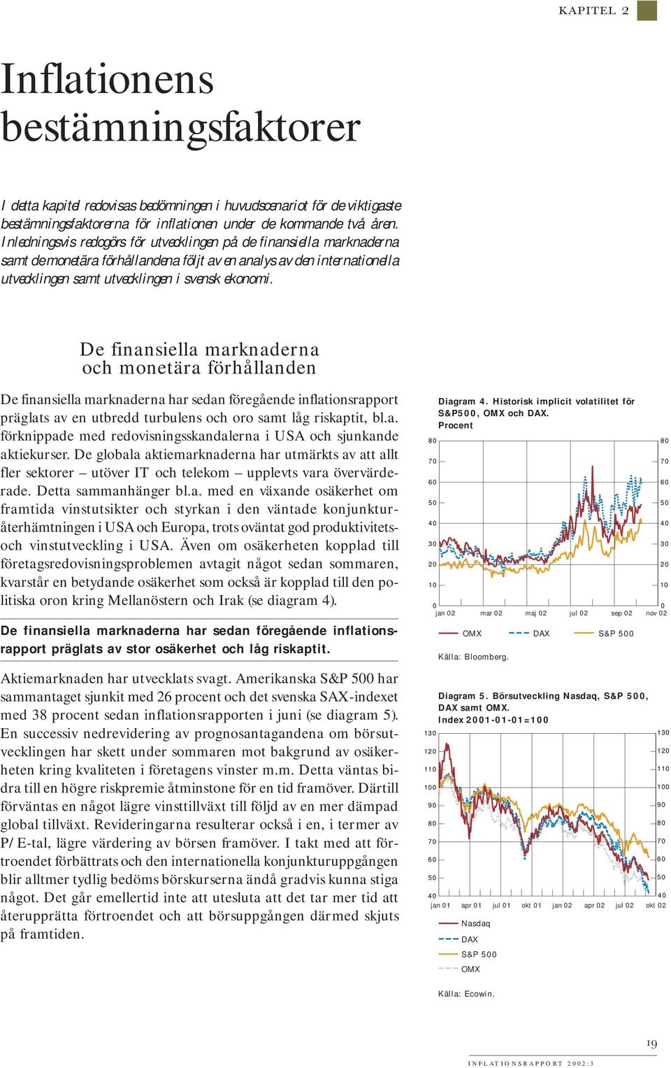 De finansiella marknaderna och monetära förhållanden De finansiella marknaderna har sedan föregående inflationsrapport präglats av en utbredd turbulens och oro samt låg riskaptit, bl.a. förknippade med redovisningsskandalerna i USA och sjunkande aktiekurser.