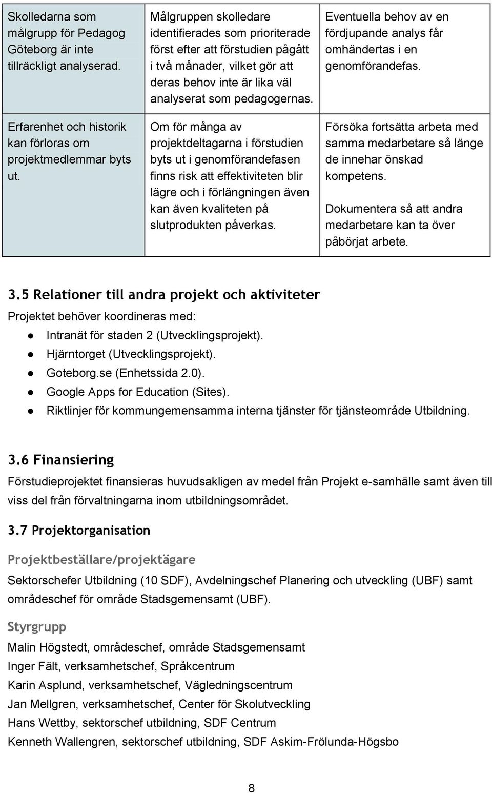 Om för många av projektdeltagarna i förstudien byts ut i genomförandefasen finns risk att effektiviteten blir lägre och i förlängningen även kan även kvaliteten på slutprodukten påverkas.