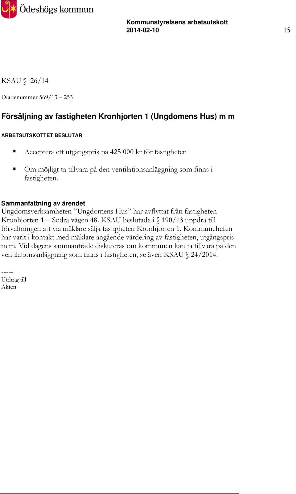 Ungdomsverksamheten Ungdomens Hus har avflyttat från fastigheten Kronhjorten 1 Södra vägen 48.