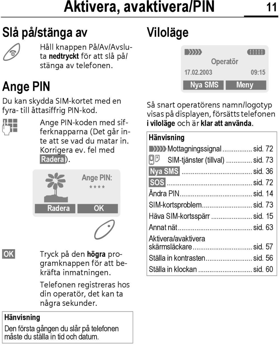 Radera Ange PIN: * * * * OK Tryck på den högra programknappen för att bekräfta inmatningen. Telefonen registreras hos din operatör, det kan ta några sekunder.