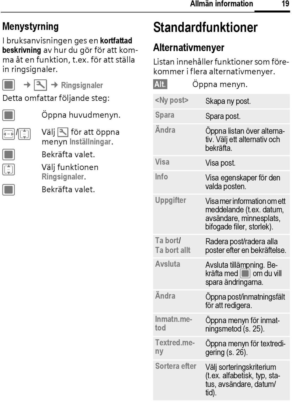 Välj funktionen Ringsignaler. Bekräfta valet. Standardfunktioner Alternativmenyer Listan innehåller funktioner som förekommer i flera alternativmenyer. Alt. Öppna menyn.