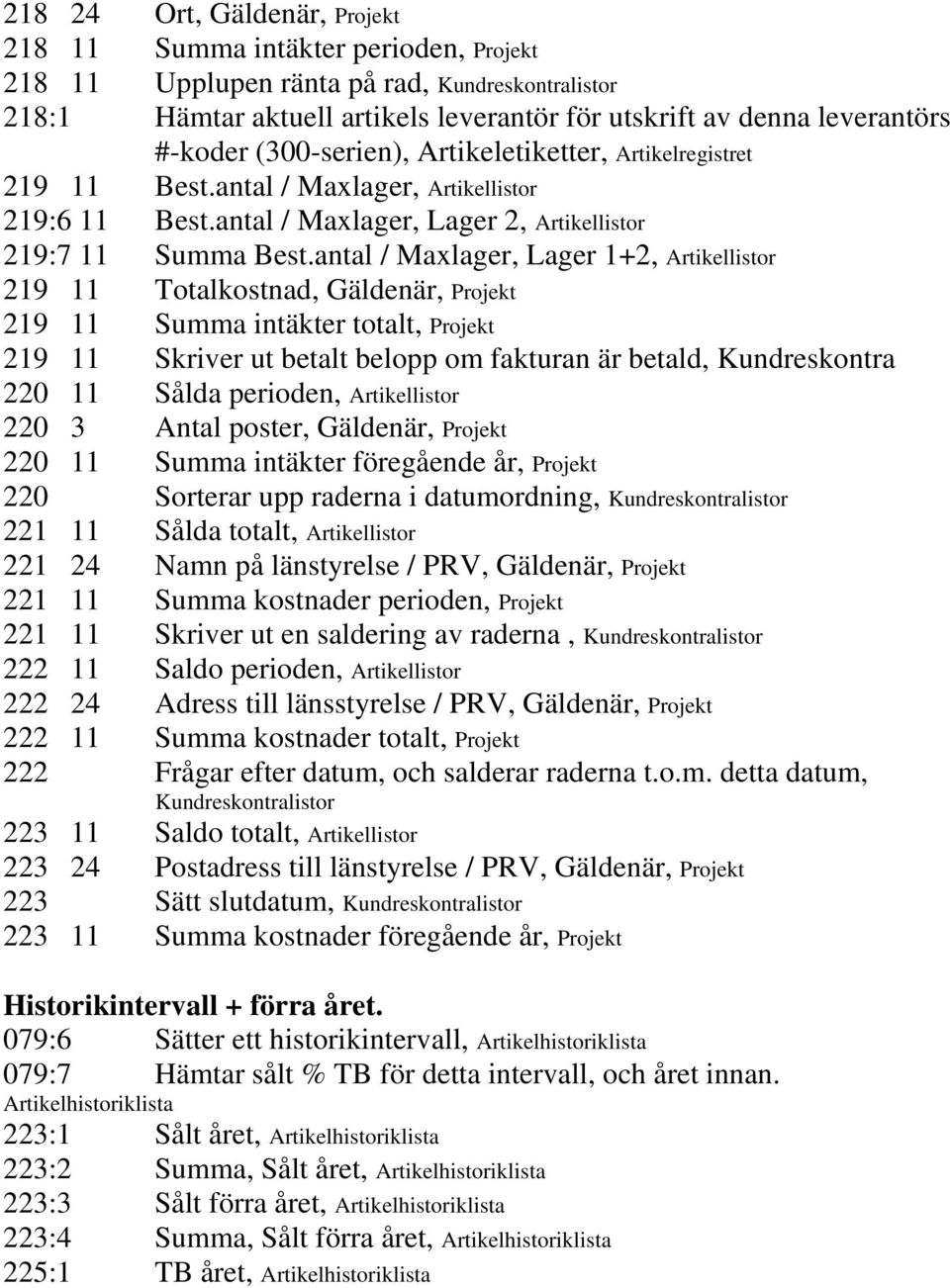 antal / Maxlager, Lager 1+2, Artikellistor 219 11 Totalkostnad, Gäldenär, Projekt 219 11 Summa intäkter totalt, Projekt 219 11 Skriver ut betalt belopp om fakturan är betald, Kundreskontra 220 11