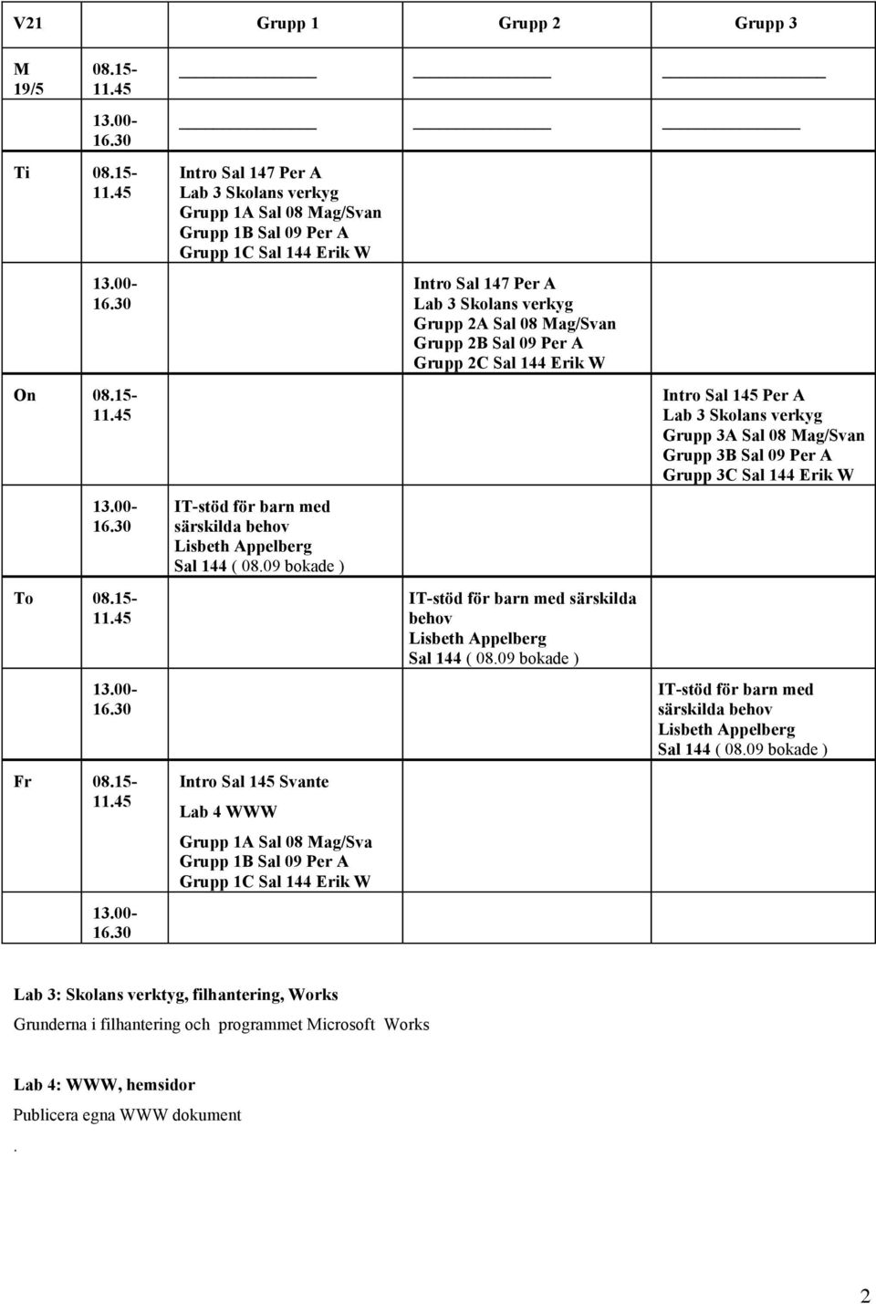 09 bokade ) Intro Sal 145 Svante Lab 4 WWW Grupp 1A Sal 08 Mag/Sva Grupp 1C Sal 144 Erik W Intro Sal 147 Per A Lab 3 Skolans verkyg Grupp 2A Sal 08 Mag/Svan Grupp 2C Sal 144 Erik W IT-stöd för