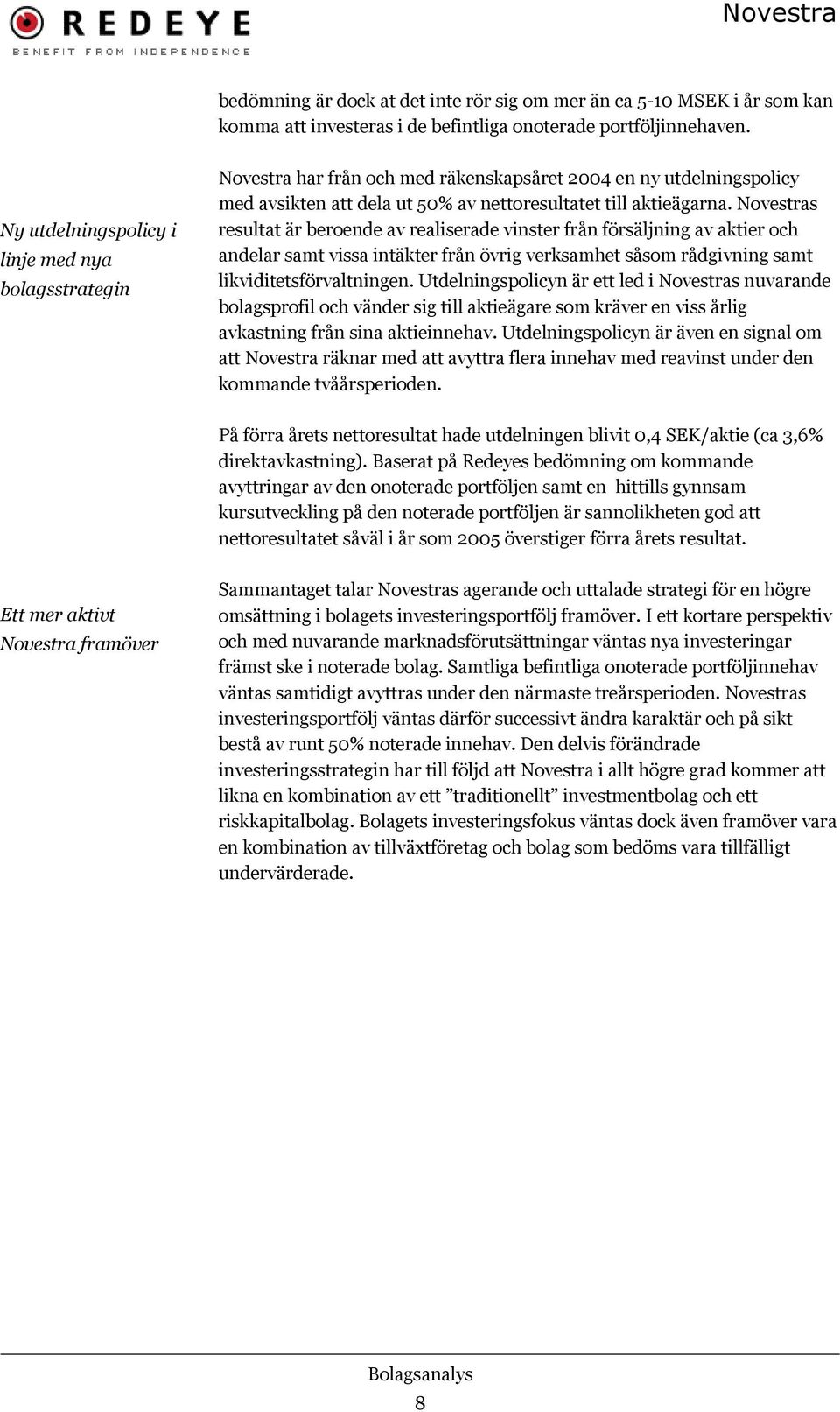 Novestras resultat är beroende av realiserade vinster från försäljning av aktier och andelar samt vissa intäkter från övrig verksamhet såsom rådgivning samt likviditetsförvaltningen.