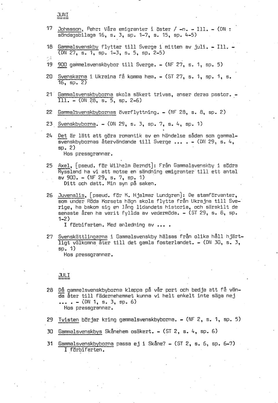 2) 21 Gammalsvenskbvborna skola säkert trivas, anser deras pastor, - 111, - (DN 28, S. 5, SP. 2-61 22 Gammalsvenskbybornas öv~rflyttning. - (NF 28, s. B, cp. 2) 23, Svenskbyborna. - (DN 23, s. 3, sp.