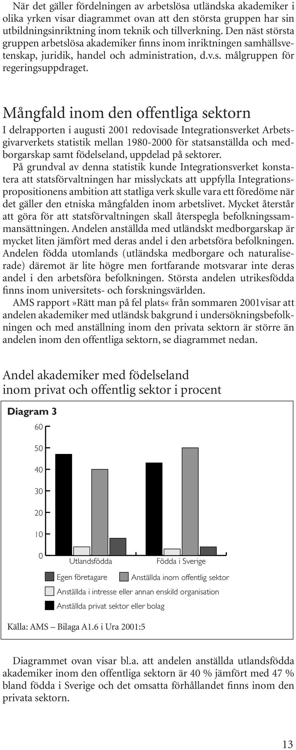 Mångfald inom den offentliga sektorn I delrapporten i augusti 2001 redovisade Integrationsverket Arbetsgivarverkets statistik mellan 1980-2000 för statsanställda och medborgarskap samt födelseland,