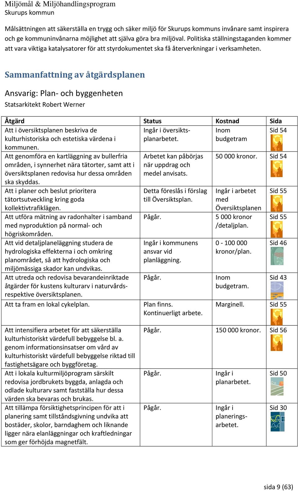 Sammanfattning av åtgärdsplanen ig: Plan och byggenheten Statsarkitekt Robert Werner Sida Att i översiktsplanen beskriva de kulturhistoriska och estetiska värdena i kommunen.