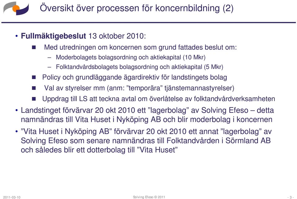 att teckna avtal om överlåtelse av folktandvårdverksamheten Landstinget förvärvar 20 okt 2010 ett lagerbolag av Solving Efeso detta namnändras till Vita Huset i Nyköping AB och blir moderbolag i