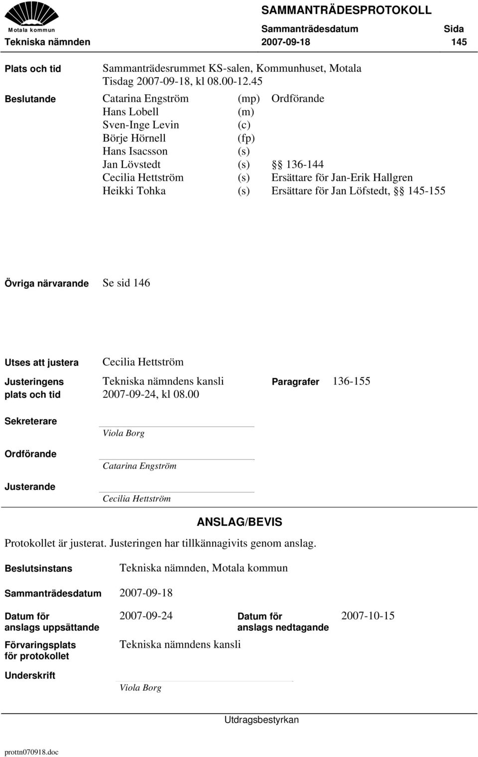 Heikki Tohka (s) Ersättare för Jan Löfstedt, 145-155 Övriga närvarande Se sid 146 Utses att justera Justeringens plats och tid Cecilia Hettström Tekniska nämndens kansli 2007-09-24, kl 08.