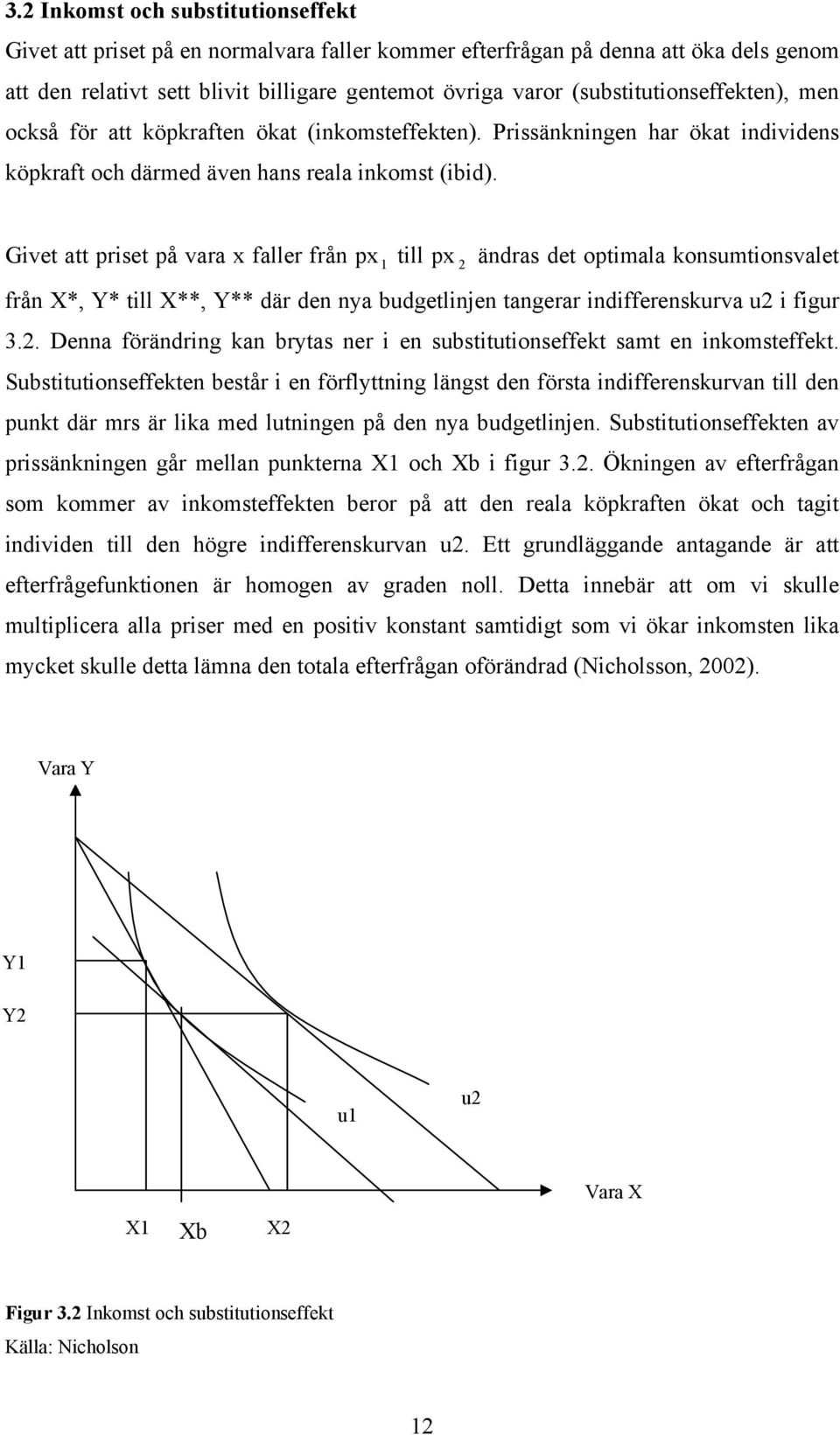 Givet att priset på vara x faller från px 1 till px 2 ändras det optimala konsumtionsvalet från X*, Y* till X**, Y** där den nya budgetlinjen tangerar indifferenskurva u2 i figur 3.2. Denna förändring kan brytas ner i en substitutionseffekt samt en inkomsteffekt.