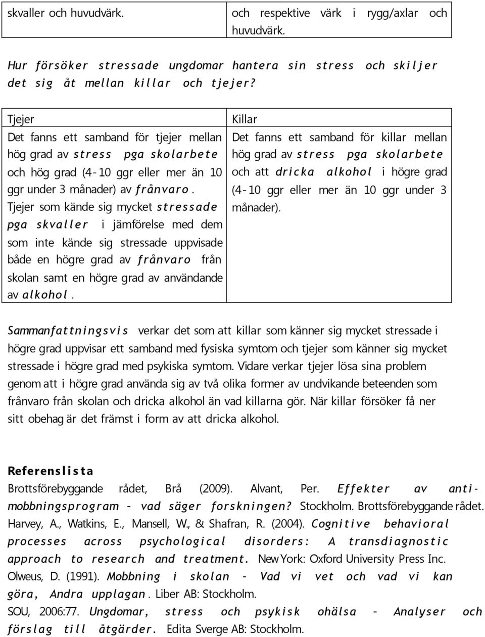 Tjejer som kände sig mycket stres s ade pga skva l l e r i jämförelse med dem som inte kände sig stressade uppvisade både en högre grad av frånvaro från skolan samt en högre grad av användande av