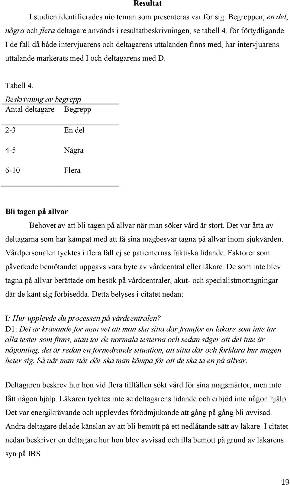 Beskrivning av begrepp Antal deltagare Begrepp 2-3 En del 4-5 Några 6-10 Flera Bli tagen på allvar Behovet av att bli tagen på allvar när man söker vård är stort.