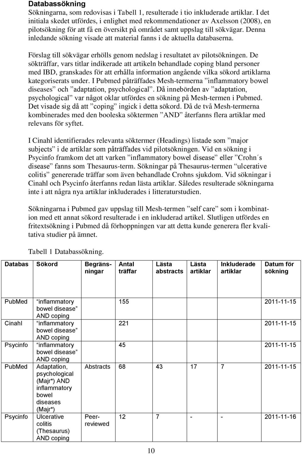 Denna inledande sökning visade att material fanns i de aktuella databaserna. Förslag till sökvägar erhölls genom nedslag i resultatet av pilotsökningen.