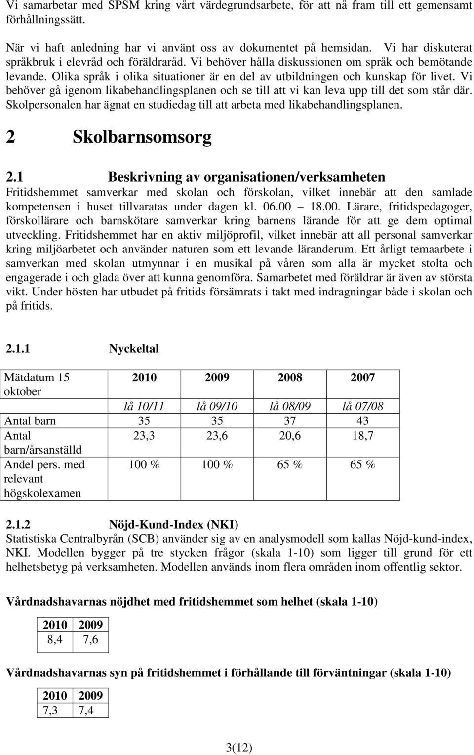 Vi behöver gå igenom likabehandlingsplanen och se till att vi kan leva upp till det som står där. Skolpersonalen har ägnat en studiedag till att arbeta med likabehandlingsplanen. 2 Skolbarnsomsorg 2.