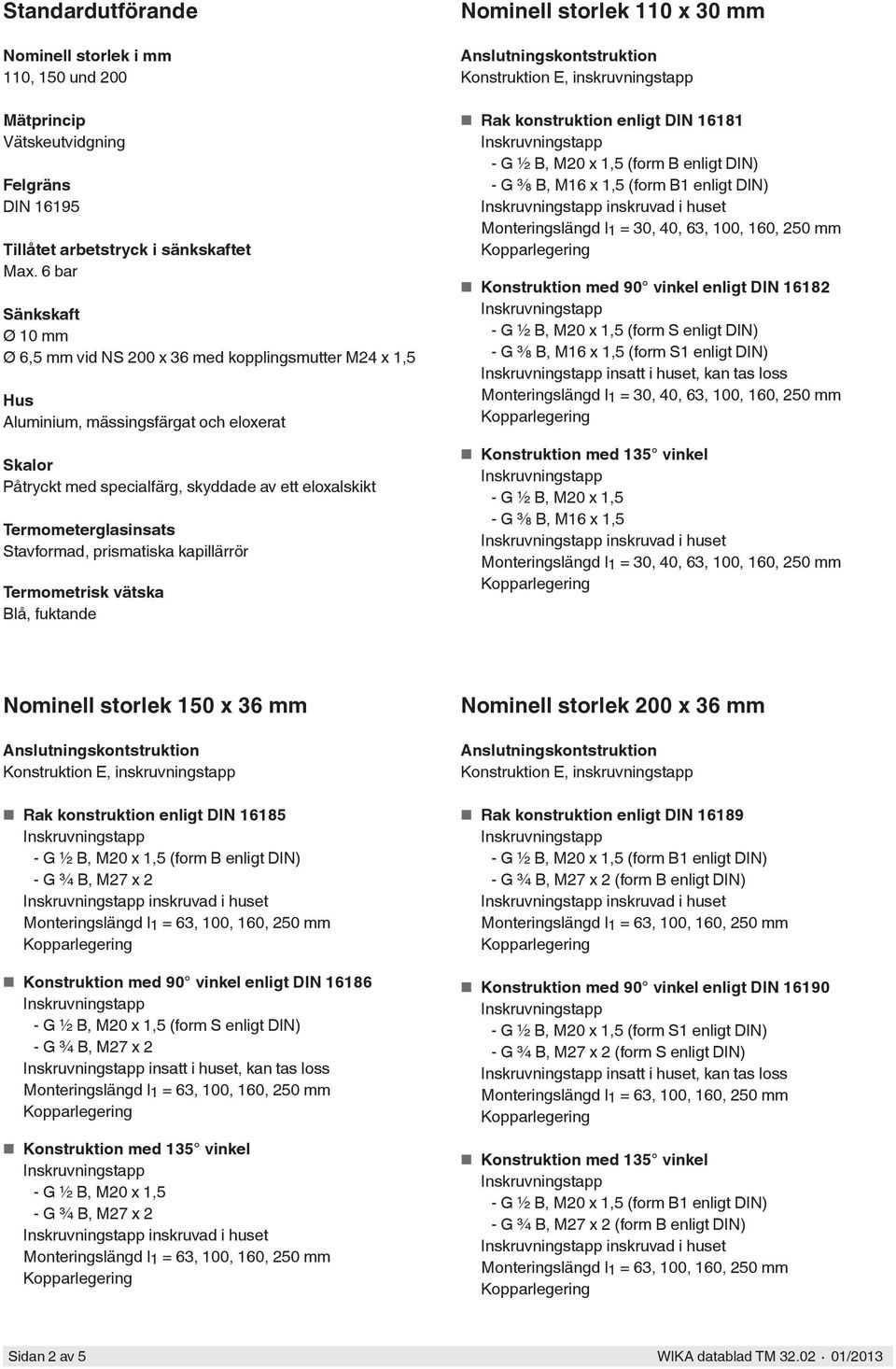 Termometerglasinsats Stavformad, prismatiska kapillärrör Termometrisk vätska Blå, fuktande Nominell storlek 110 x 30 mm Rak konstruktion enligt DIN 16181 - G ½ B, M20 x 1,5 (form B enligt DIN) - G ⅜