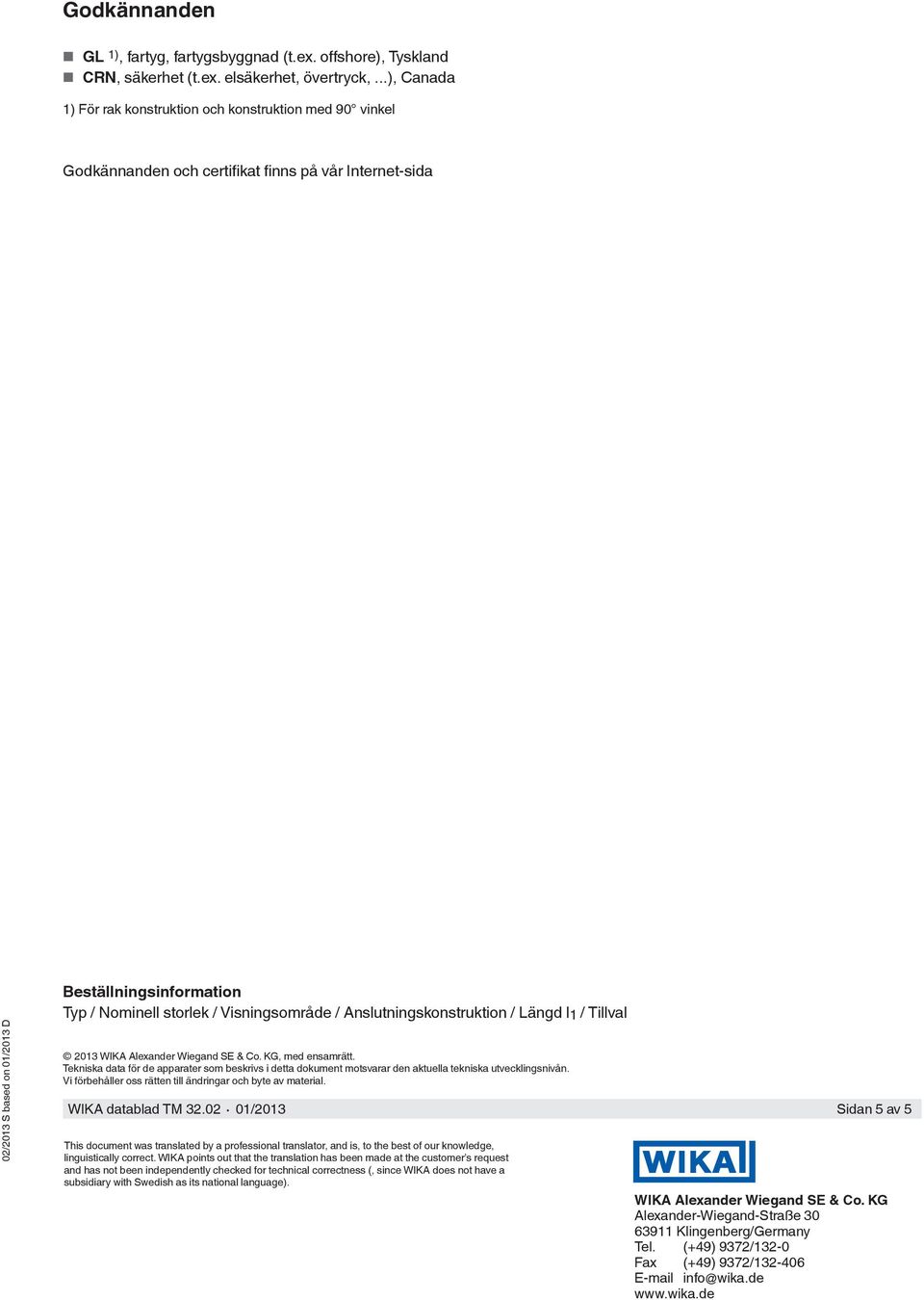 Visningsområde / Anslutningskonstruktion / Längd l 1 / Tillval 2013 WIKA Alexander Wiegand SE & Co. KG, med ensamrätt.