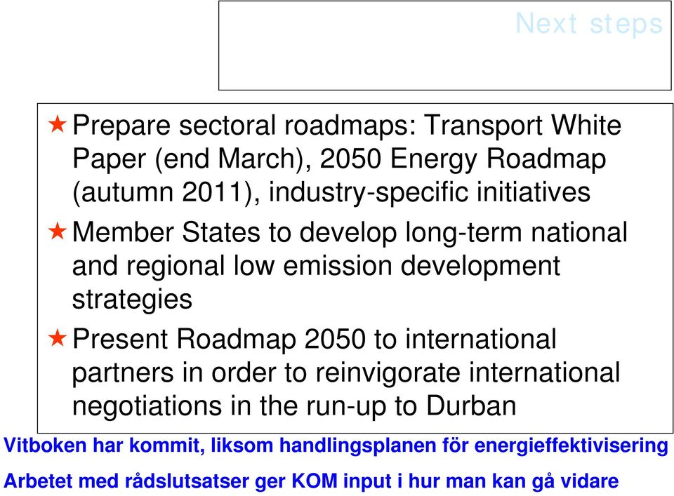 Present Roadmap 2050 to international partners in order to reinvigorate international negotiations in the run-up to Durban