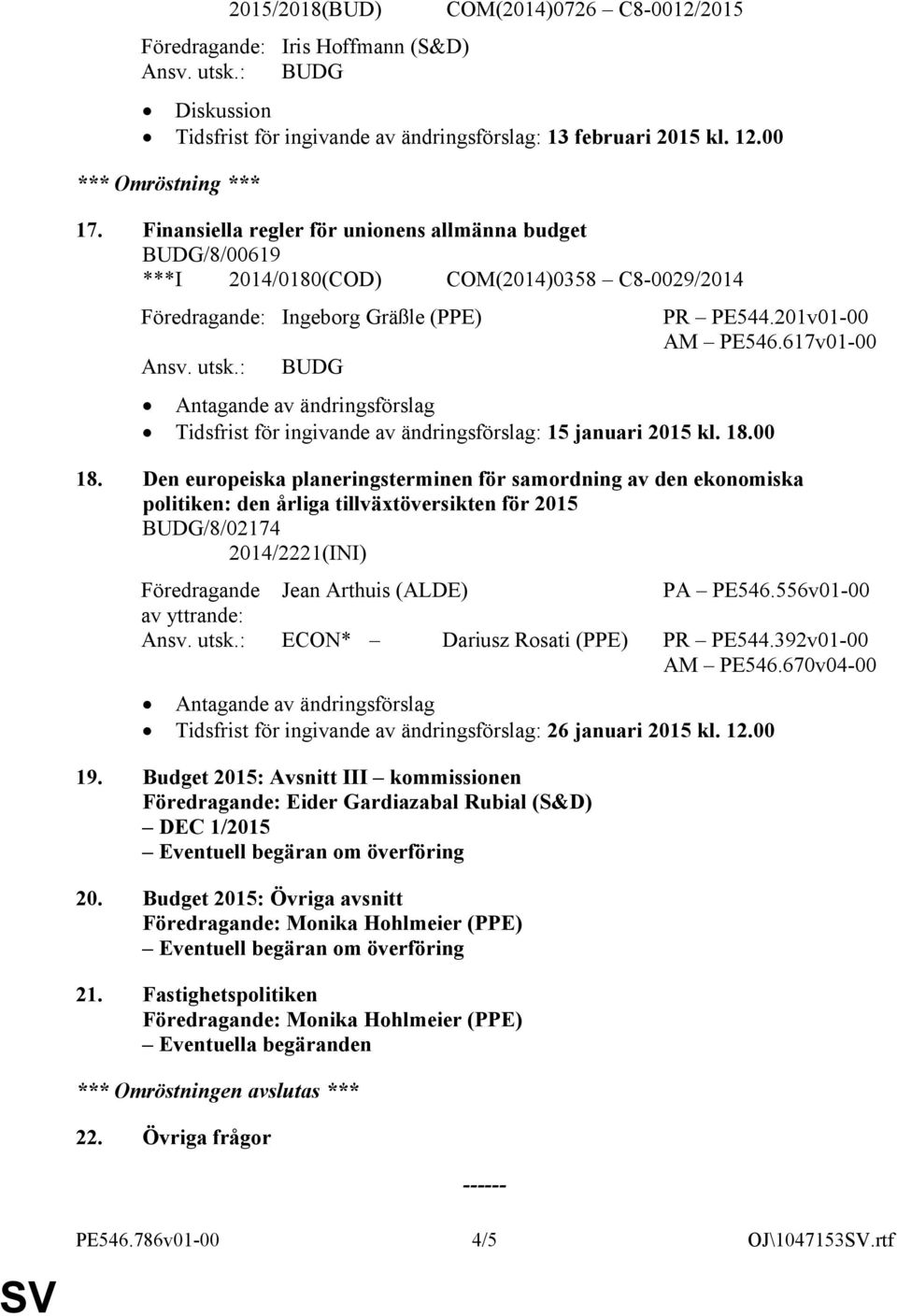 617v01-00 Antagande av ändringsförslag Tidsfrist för ingivande av ändringsförslag: 15 januari 2015 kl. 18.00 18.