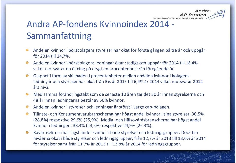 Glappet i form av skillnaden i procentenheter mellan andelen kvinnor i bolagens ledningar och styrelser har ökat från 5% år 13 till 6,4% år 14 vilket motsvarar 12 års nivå.