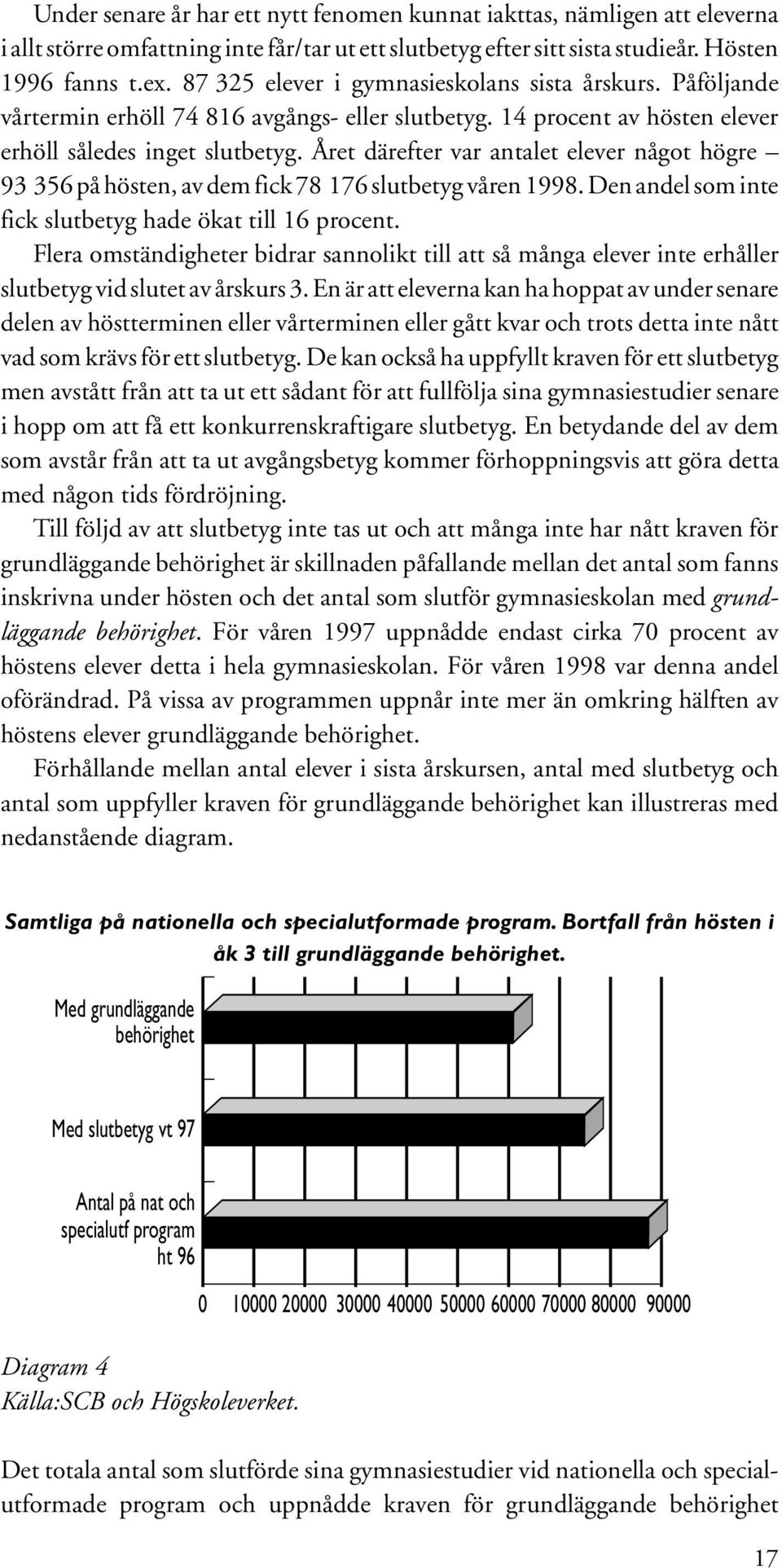 Året därefter var antalet elever något högre 93 356 på hösten, av dem fick 78 176 slutbetyg våren 1998. Den andel som inte fick slutbetyg hade ökat till 16 procent.