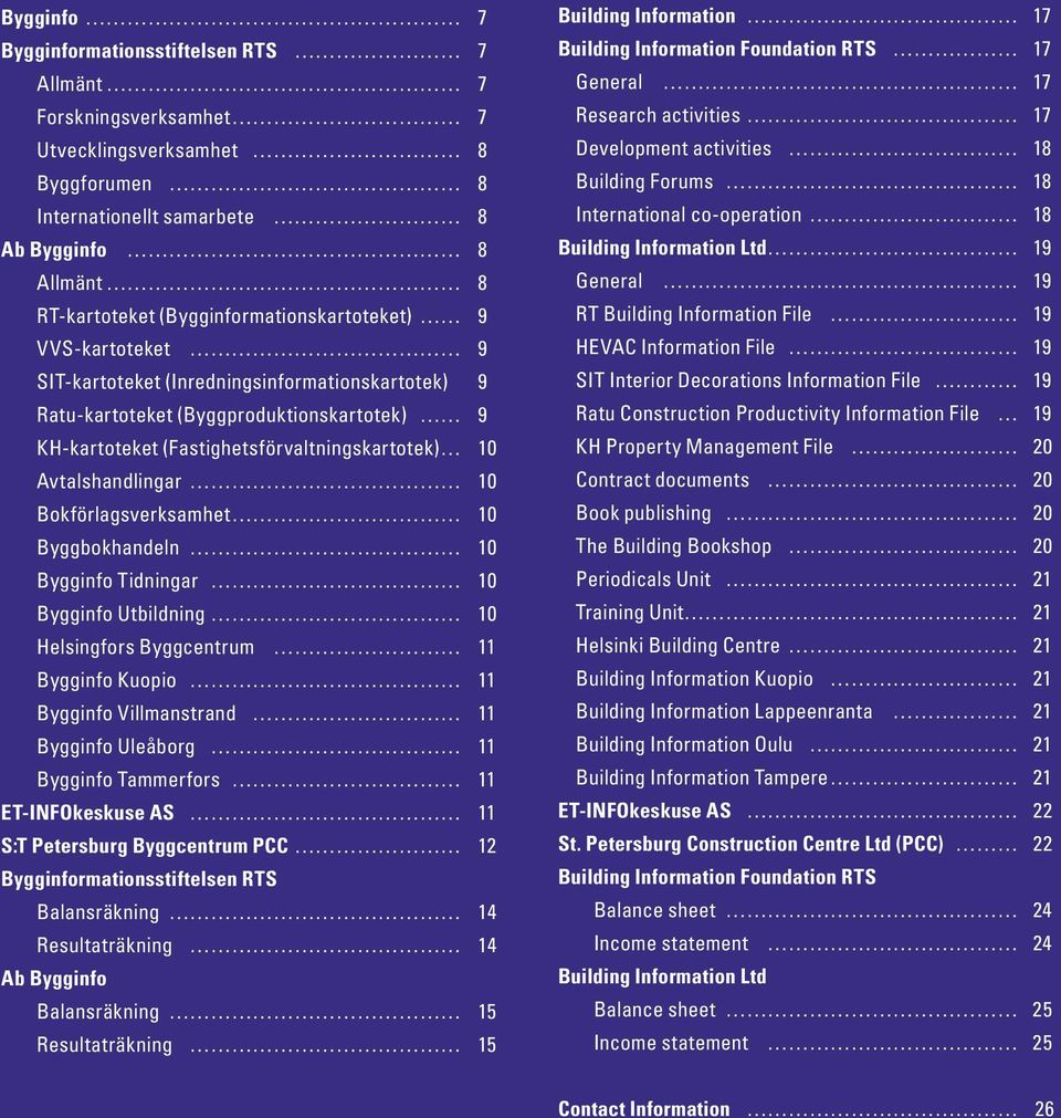 Avtalshandlingar 10 Bokförlagsverksamhet 10 Byggbokhandeln 10 Bygginfo Tidningar 10 Bygginfo Utbildning 10 Helsingfors Byggcentrum 11 Bygginfo Kuopio 11 Bygginfo Villmanstrand 11 Bygginfo Uleåborg 11