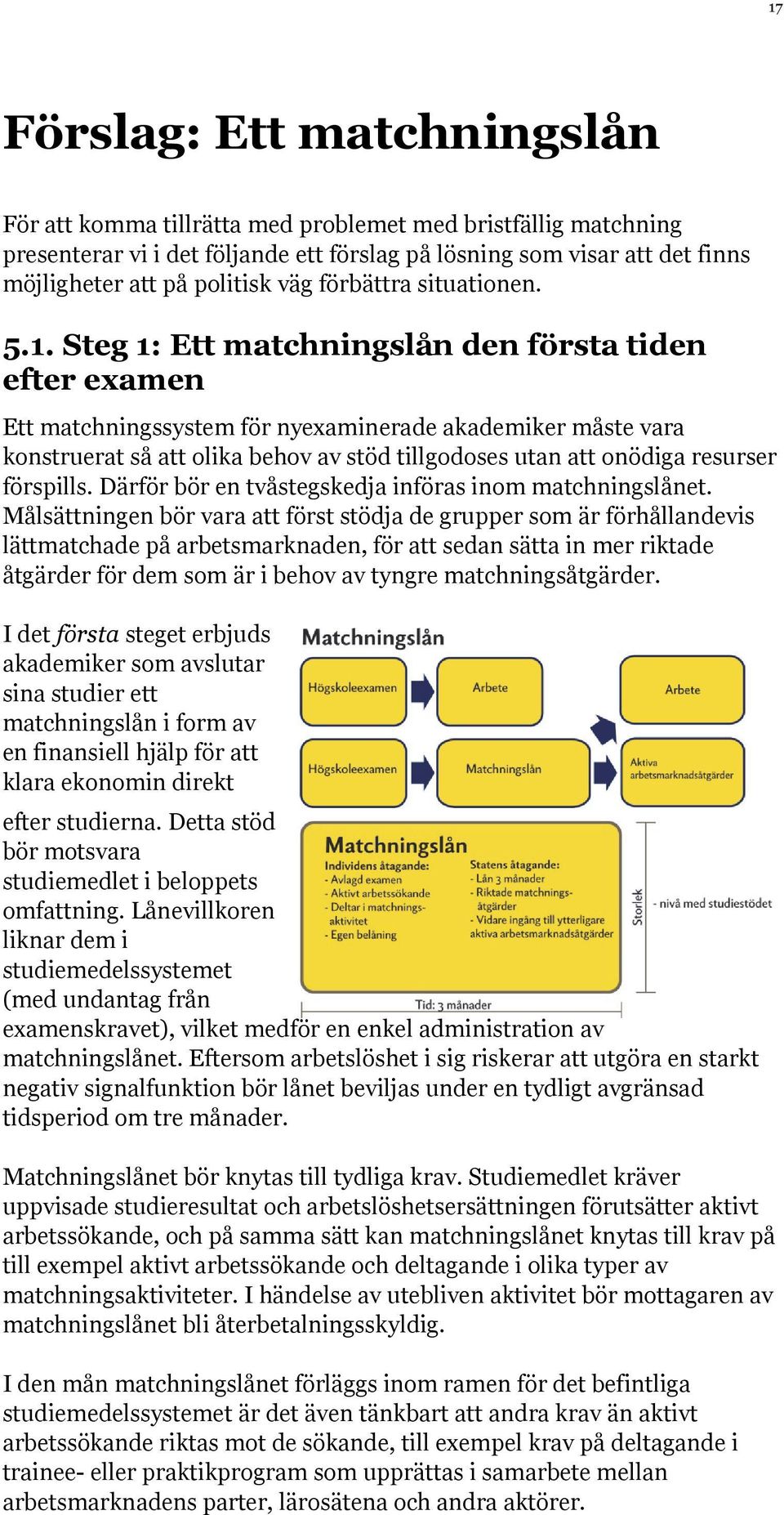 Steg 1: Ett matchningslån den första tiden efter examen Ett matchningssystem för nyexaminerade akademiker måste vara konstruerat så att olika behov av stöd tillgodoses utan att onödiga resurser