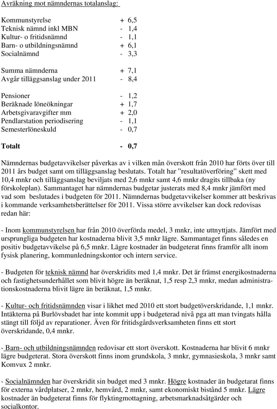 budgetavvikelser påverkas av i vilken mån överskott från 2010 har förts över till 2011 års budget samt om tilläggsanslag beslutats.