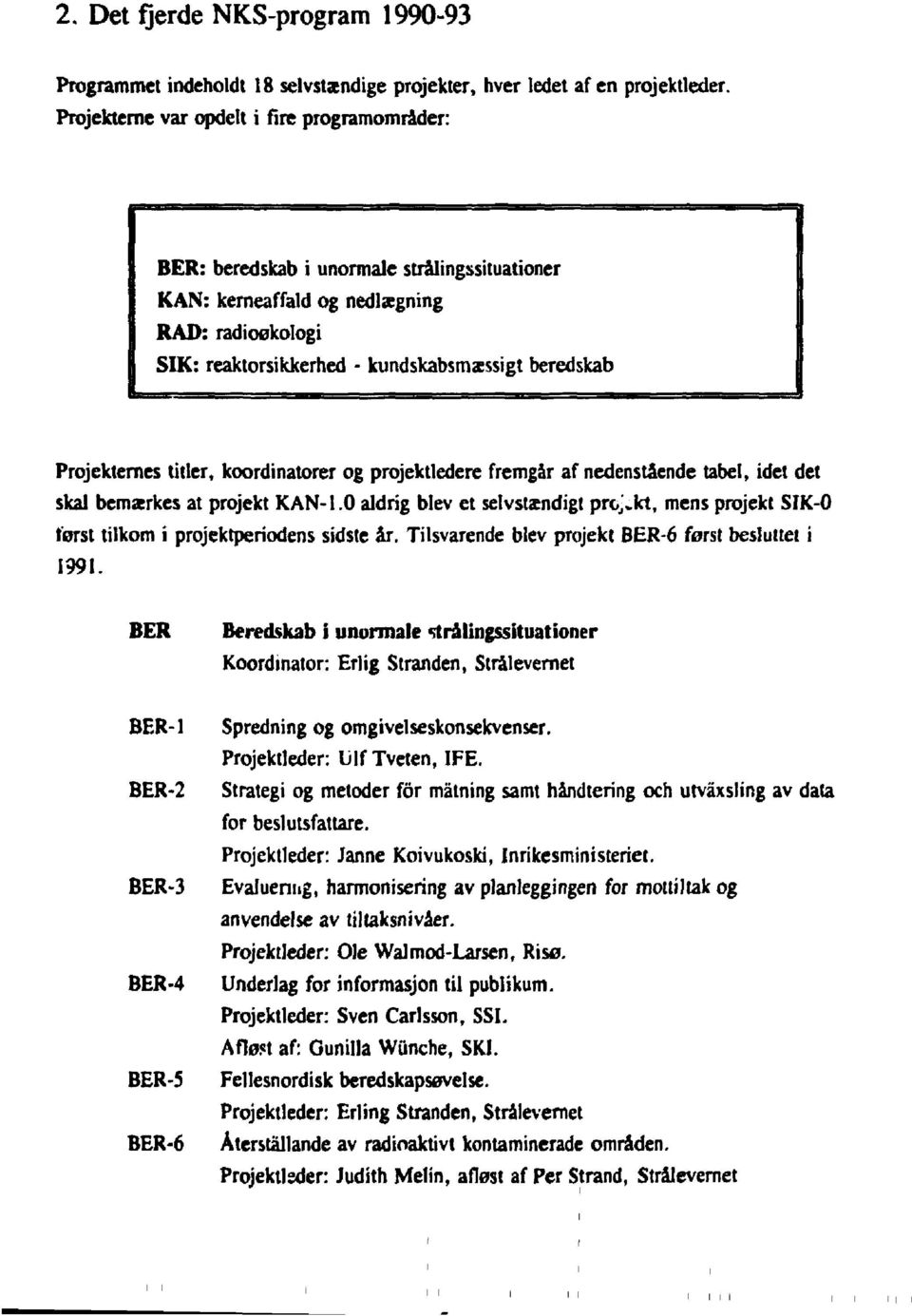 Projekternes titler, koordinatorer og projektledere fremgår af nedenstående tabel, idet det skal bemærkes at projekt KAN-1.